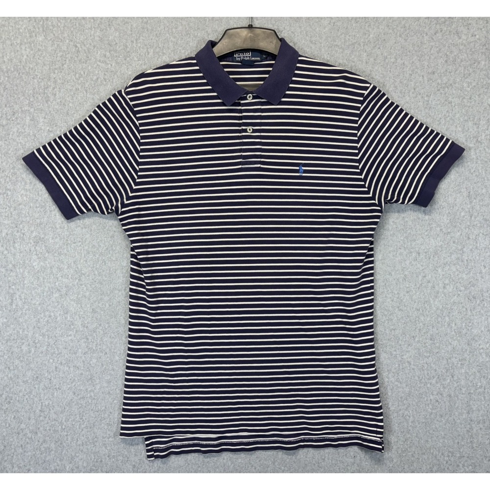 Polo Ralph Lauren Mens Large Navy Blue White Striped Short Sleeve Cotton Polo